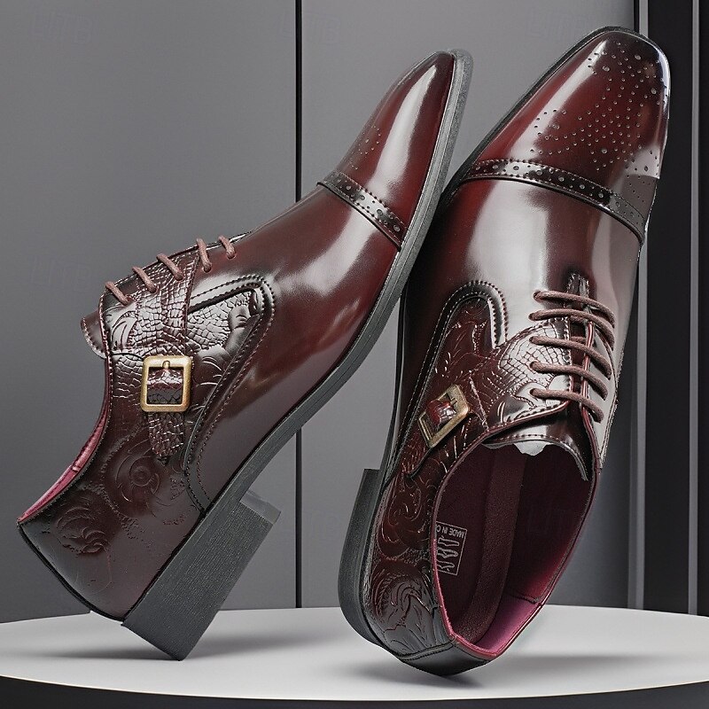 Men's Brown Embossed Faux Leather Oxford Shoes - Classic Lace-Up Design with Decorative Buckle for Formal Events and Office Wear4