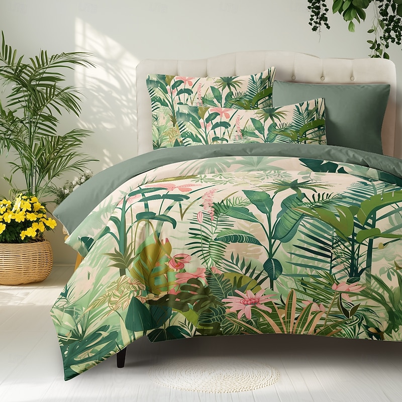 Floral Duvet Cover Set 100% Cotton Soft and Breathable Bedding Featuring Tropical Rainforest Lightweight and Durable Quilt Cover Comfortable for All Seasons Easy to Care