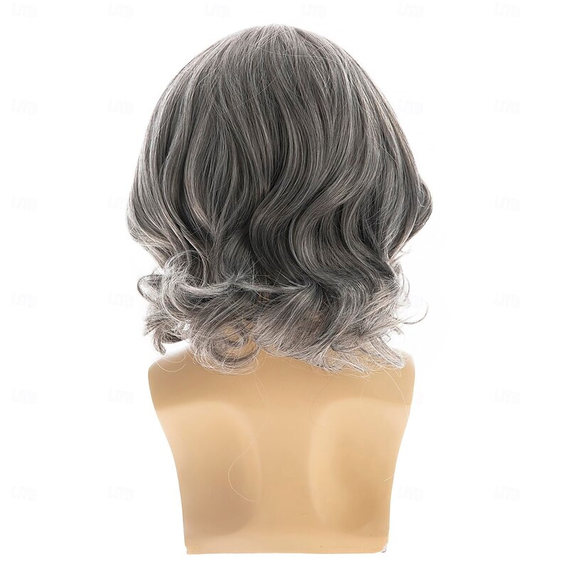 Mens Grey Wig Short Wavy Bob Wig Synthetic Cosplay Party Replacement Hair Wig4