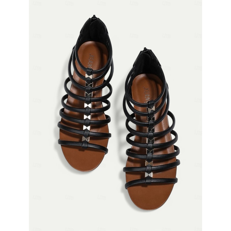 Women's Black Strappy Wedge Sandals - Open-Toe Gladiator Design for Casual Summer Outings