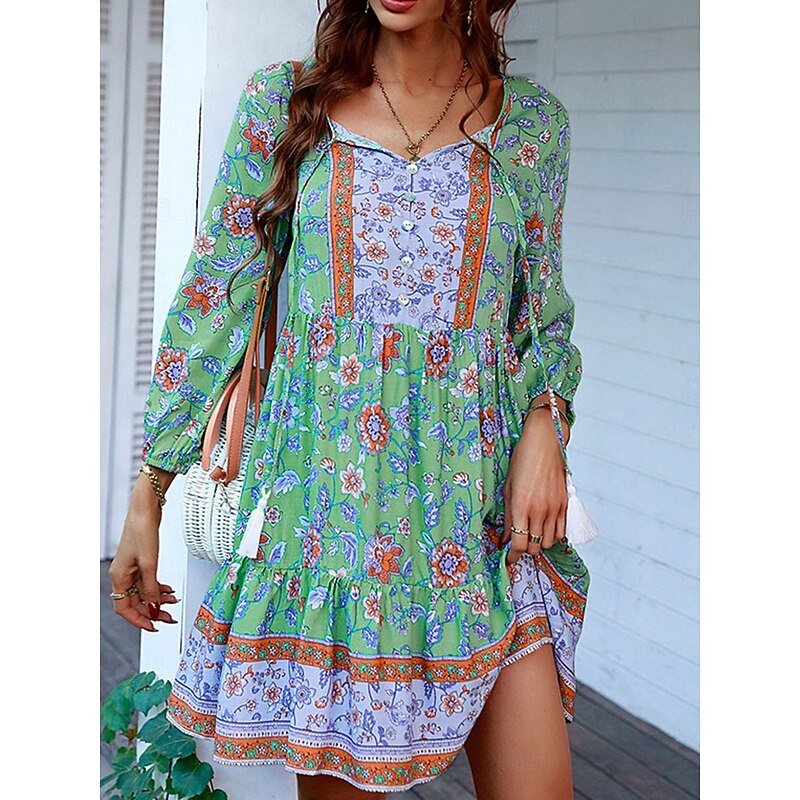 Women's Mini Dress Petite Dress Casual Dress Boho Chic Dresses Boho Dress Bohemia Cute Stylish Vacation Daily Beach Loose Fit Graphic Long Sleeve V Neck Red Green Spring Fall2
