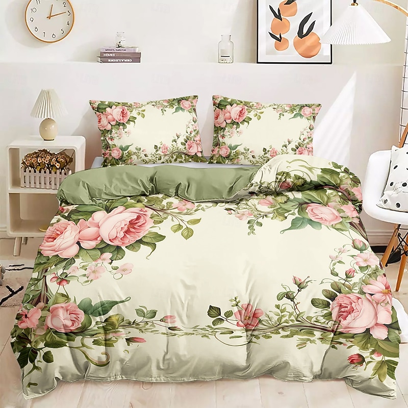 Floral Pattern Duvet Cover Set King Queen   Size Comforter Set,Printed Comforter Cover Cotton Bedding Sets With Envelope Pillowcase,  Room Decor2