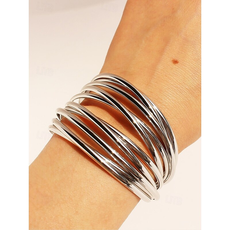 Gold Plated Open Cuff Bracelet with Multi-Layered Design, Elegant Statement Jewelry for Women, Perfect for Weddings, Parties, and Formal Events2