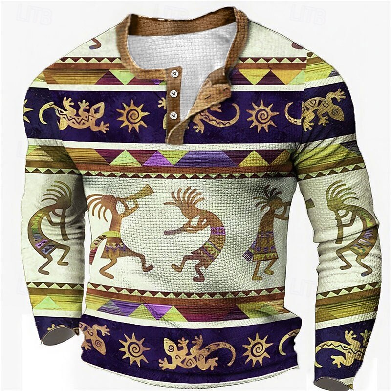 Men's Graphic Tribal Henley Shirt Waffle T Shirt Long Sleeve 3D Print Fashion Designer Ethnic Sports Outdoor Holiday Festival Spring &  Fall Blue Brown Green Gray Henley Henley T-Shirt4