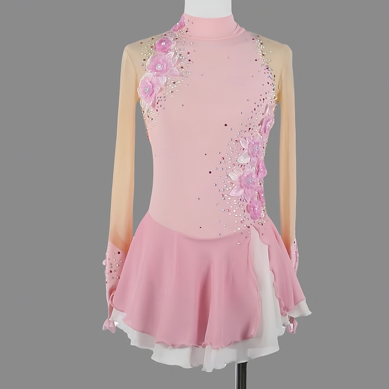 Figure Skating Dress Women's Girls' Ice Skating Dress Black Pink Thumbhole Mesh Spandex Stretchy Training Practice Professional Skating Wear Thermal Warm Classic Crystal / Rhinestone Long Sleeve Ice2