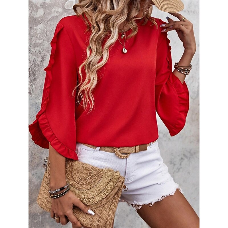 Women's Blouse Solid Color Elegant Daily Stylish 3/4 Length Sleeve Crew Neck Regular Tops Work Daily Holiday Black Red Green Khaki Summer Spring Fall2
