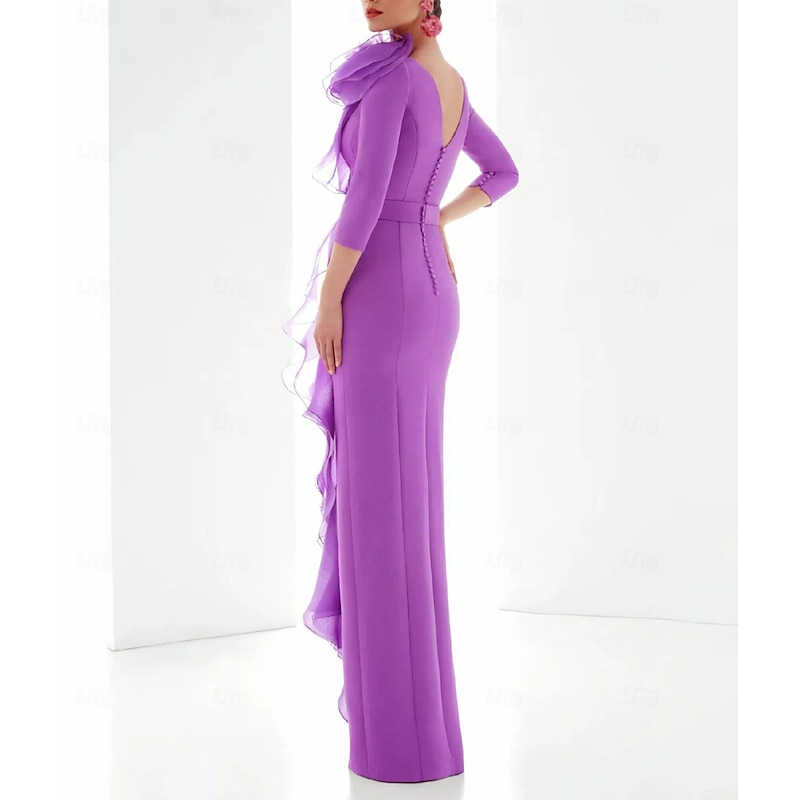 Sheath / Column Cocktail Dresses Elegant Dress Formal Floor Length 3/4 Length Sleeve Jewel Neck Chiffon with Ruffles Shouder Flower2