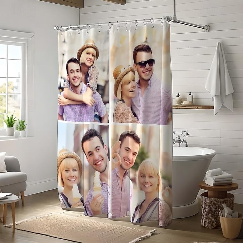 Personalized Photo Shower Curtain with 12 Hooks Custom Wedding Gift for Couple Bathroom Decor Fabric Waterproof Washable Upload Your Image Photo Picture for Bathroom Hotel3