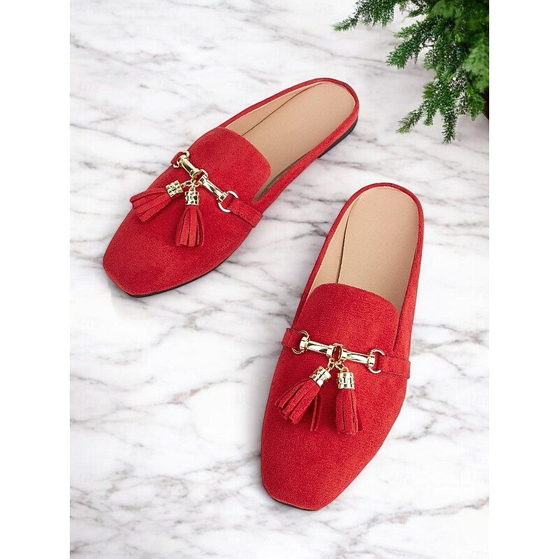 Women's Red Faux Suede Elegant Tassel Mules with Gold Chain Detail for Casual & Office Wear4