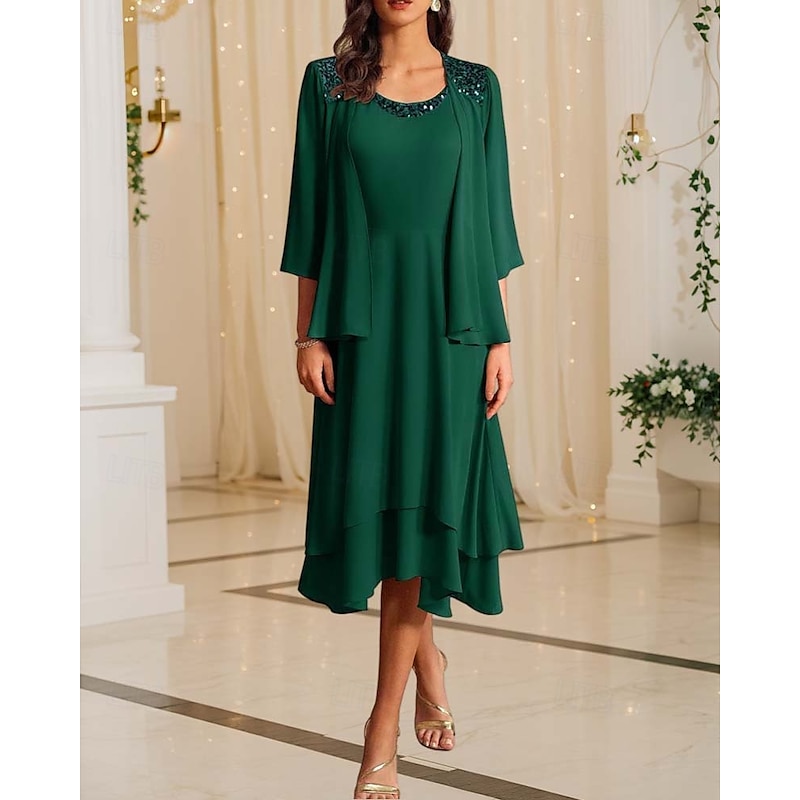 Two Piece Mother of the Bride Dress Formal Wedding Guest Elegant Vintage Crew Neck Tea Length Chiffon Half Sleeve Jacket Dresses with Sequin Cascading Ruffles
