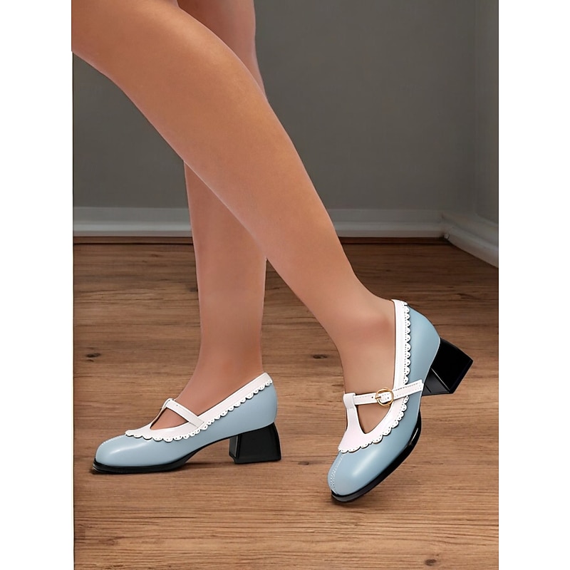 Women's Blue T-Strap Mary Jane Heels with Scalloped Edges and Chunky Block Heel – Cute and Stylish Shoes for Casual and Work Wear3