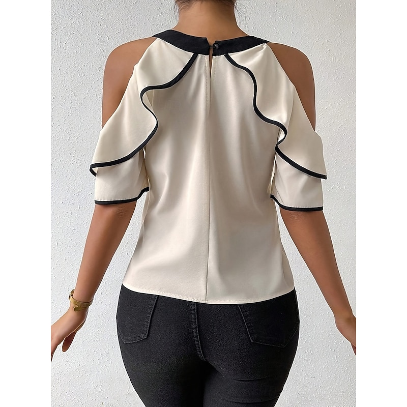 Women's Camisole Tank Top Solid Color Stylish Casual Short Sleeve Crew Neck Regular Tops Daily Ruffle Patchwork Beige Summer Spring2