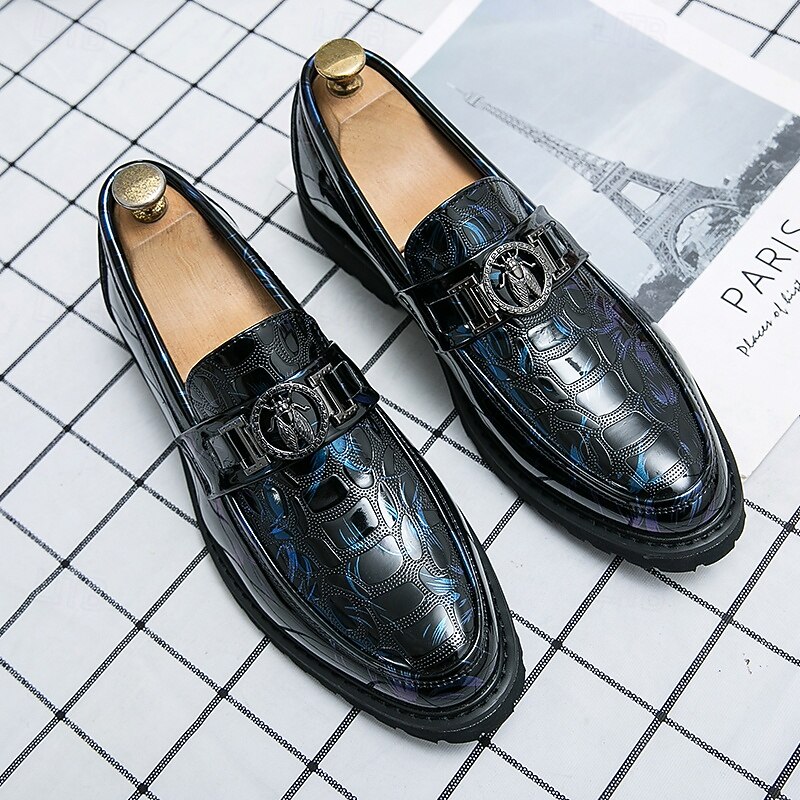 en's Floral Embossed Patent Leather Loafers with Metallic Buckle – Stylish Slip-On Shoes for Formal and Evening Wear3