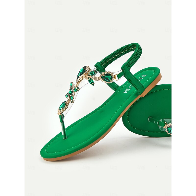 Women's Green Rhinestone Embellished T-Strap Sandals with Elastic Ankle Strap – Elegant Summer Footwear for Beach, Parties, or Casual Wear4