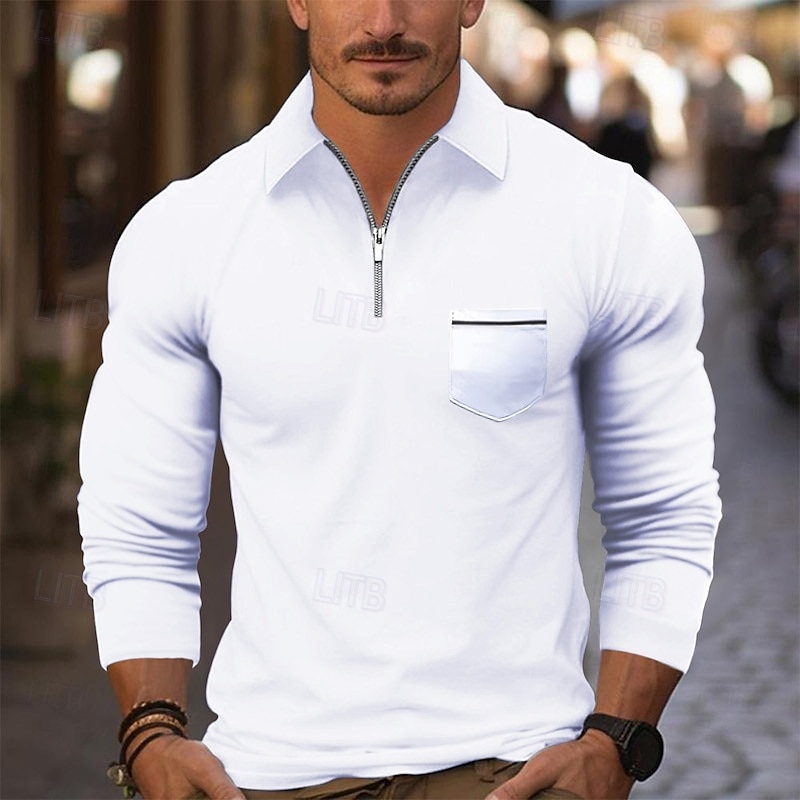 Men's Quarter Zip Polo Golf Shirt Daily Holiday Quarter Zip Long Sleeve Fashion Modern Plain Pocket Spring Fall Regular Fit Black White Pink Wine Royal Blue Sky Blue Quarter Zip Polo2