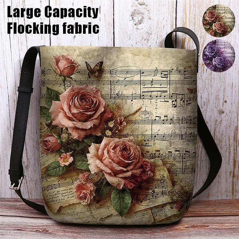 Vintage Floral Music Note Shoulder Bag for Women – Artistic Rose Print Crossbody Bag, Perfect for Casual Outings, Shopping and Everyday Use