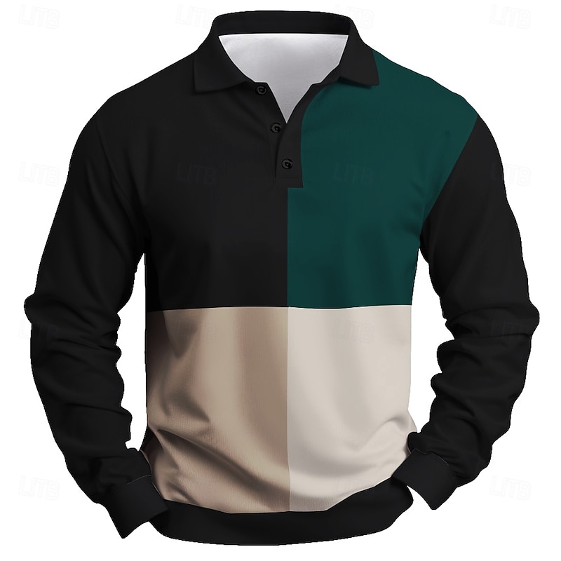 Men's Stripes Rugby Polo Long Sleeve Polo Shirts Collared Shirts Casual Outdoor Athleisure 3D Print Spring Fall Winter Black Brown Dark Blue2