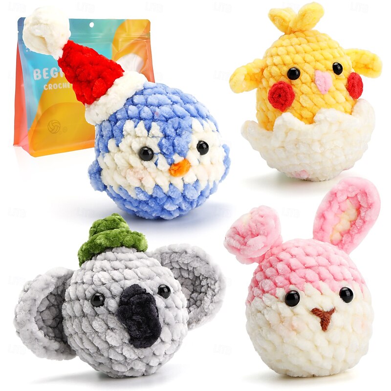 Christmas Crochet Kit for Beginners 4 Pattern Animals-Chick Penguin Koala Rabbit Knitting Kit for Adult Kids with Step-by-Step Video Tutorials and Yarns Hook Accessories