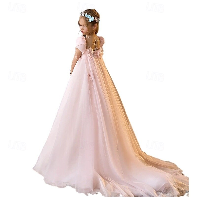 Flower Girl Dress Girls' Formal Dress Party Dress Wedding Party Princess Sweet Christmas Carnival Ruched Solid Color Strapless Crew Neck Pink Sky Blue 4 years+4