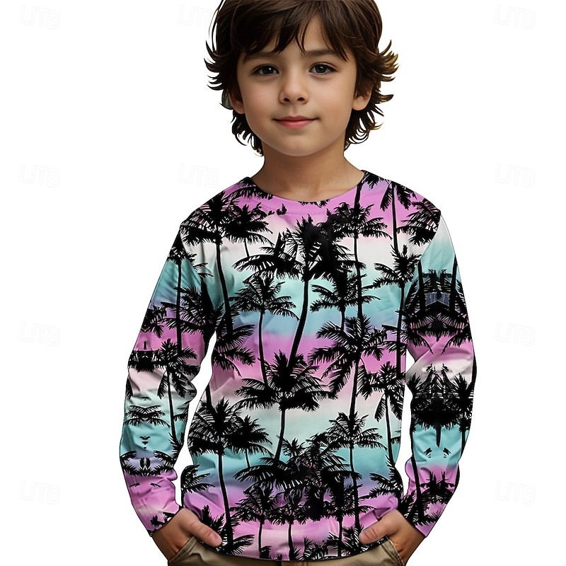 Boys' 3D Graphic Coconut Tree T shirt Tee Long Sleeve Spring Fall Fashion Basic Kids 4-12 Years Crew Neck Outdoor Casual Daily Regular Fit