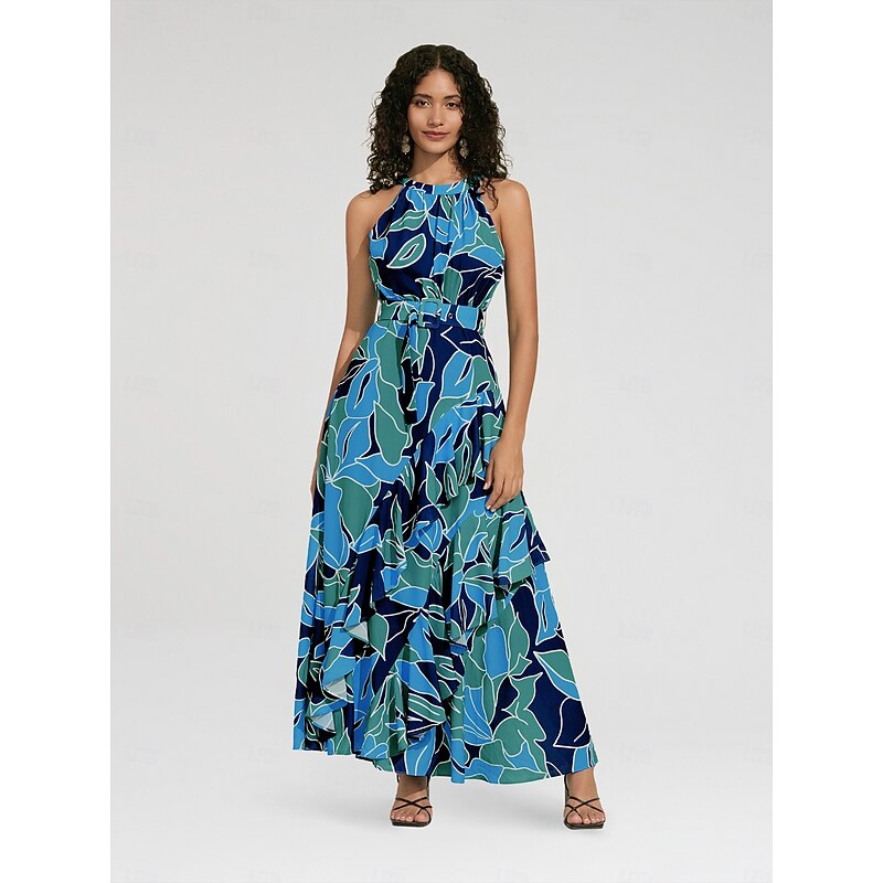 Women's Chiffon Dress Maxi Dress Blue Purple Sleeveless Floral Ruffle Printing Spring & Summer Round Pattern Dress XS S M4