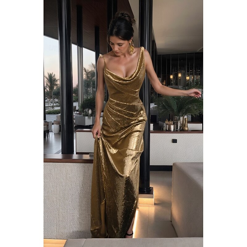 Sheath / Column Prom Dresses Glittering Dress Formal Wedding Floor Length Sleeveless Cowl Neck Polyester with Glitter2