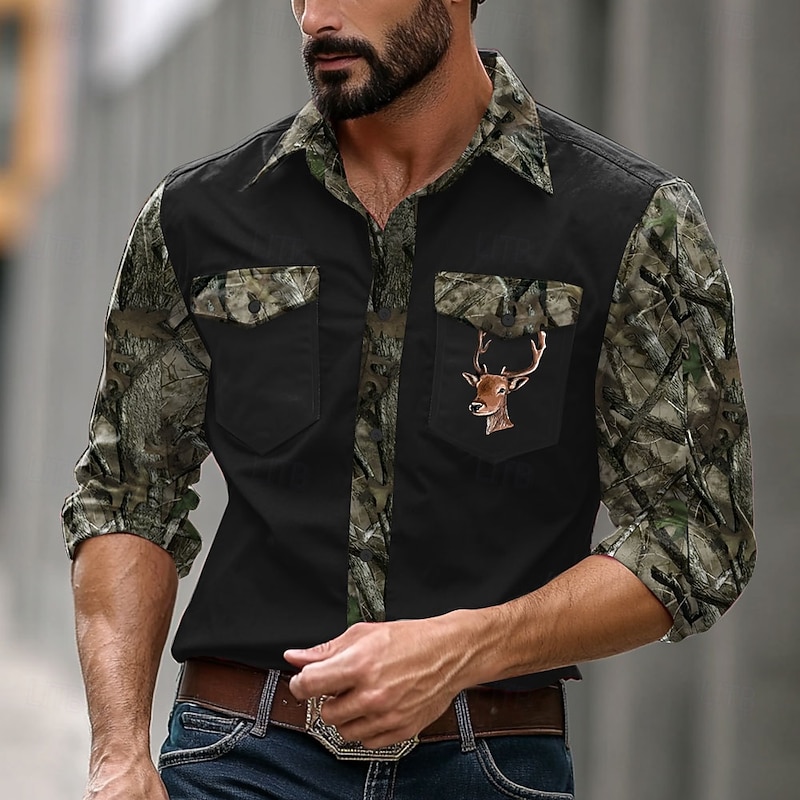 Men's Camouflage Western Shirt Cowboy Shirt Long Sleeve Western Sports Outdoor Spring Fall Turndown Button Up 2 Pockets Black Brown Green3