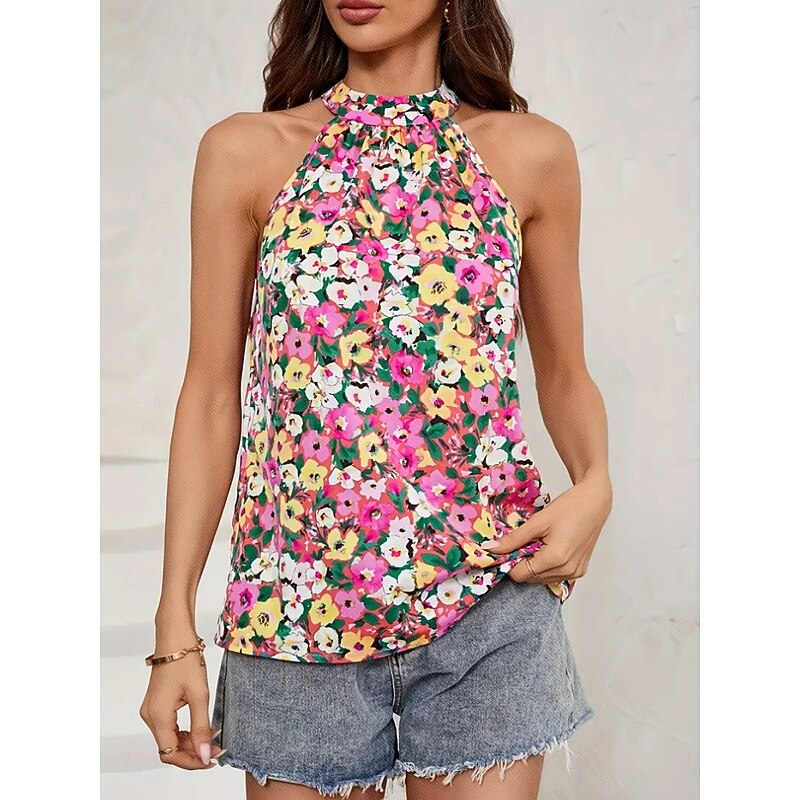 Women's Camisole Tank Top Floral Stylish Casual Sleeveless Halter Neck Regular Tops Daily Print Pink Summer3