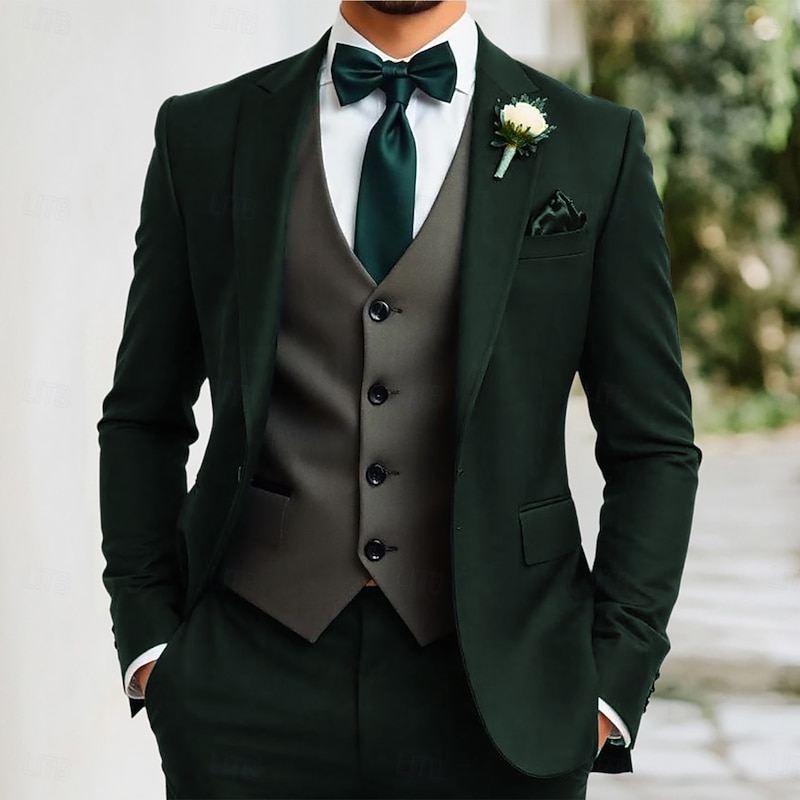 Men's Wedding Party Evening Wear Suits Dark Green Fashion Dress Solid Colored Tailored Fit 3 Piece Single Breasted One-button