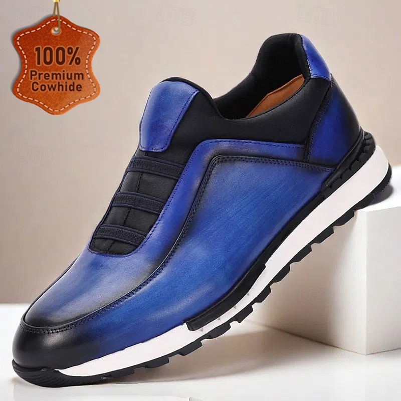 Men's Premium Cowhide Leather Sneakers - Gradient Blue Lace-Free Design with Cushioned Sole for Casual and Outdoor Wear