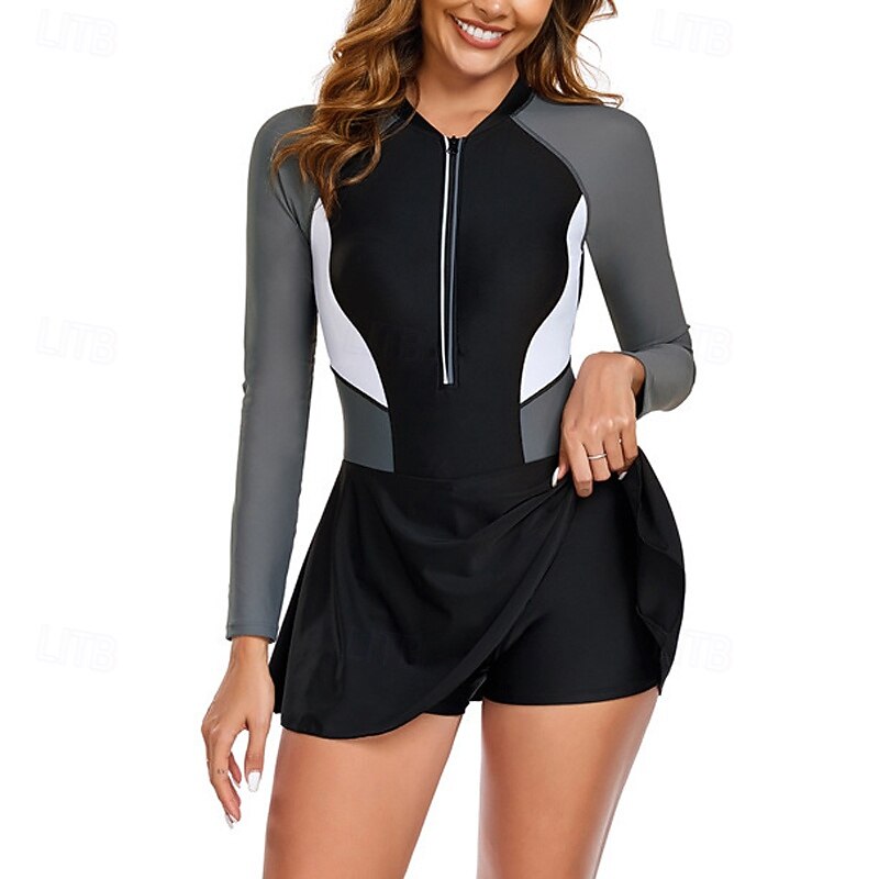 Women's Rash Guard One Piece Swimsuit UV Sun Protection Lightweight Long Sleeve Bodysuit Bathing Suit Front Zip Swimming Surfing Beach Water Sports Patchwork Summer Spring Autumn3