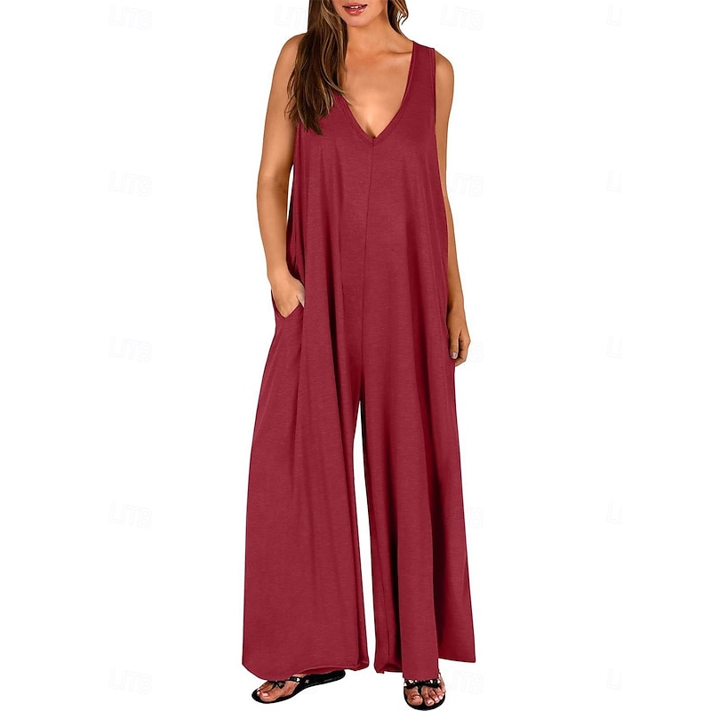 Women's Normal Jumpsuit Active Solid Color Sleeveless V Neck High Waist Vacation Street Loose Fit Red Green Summer - Main Image