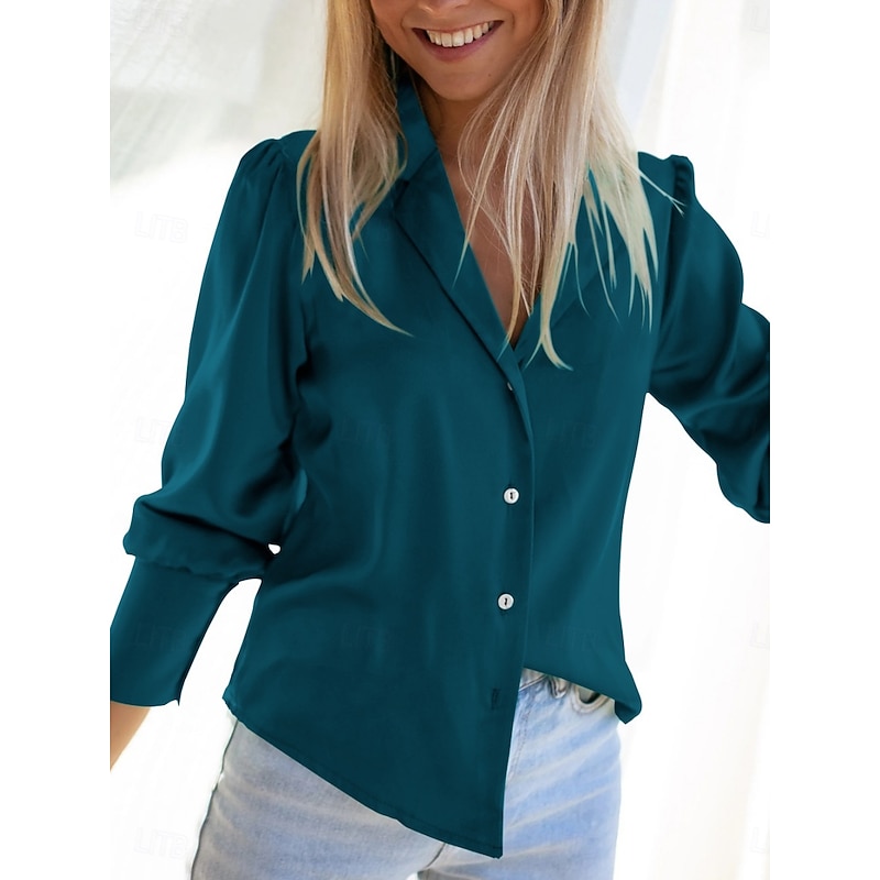 Women's Shirt Blouse Solid Color Business Modern Casual Long Sleeve Shirt Collar Regular Tops Work Formal Wear Buttons Blue Beige Summer Spring3