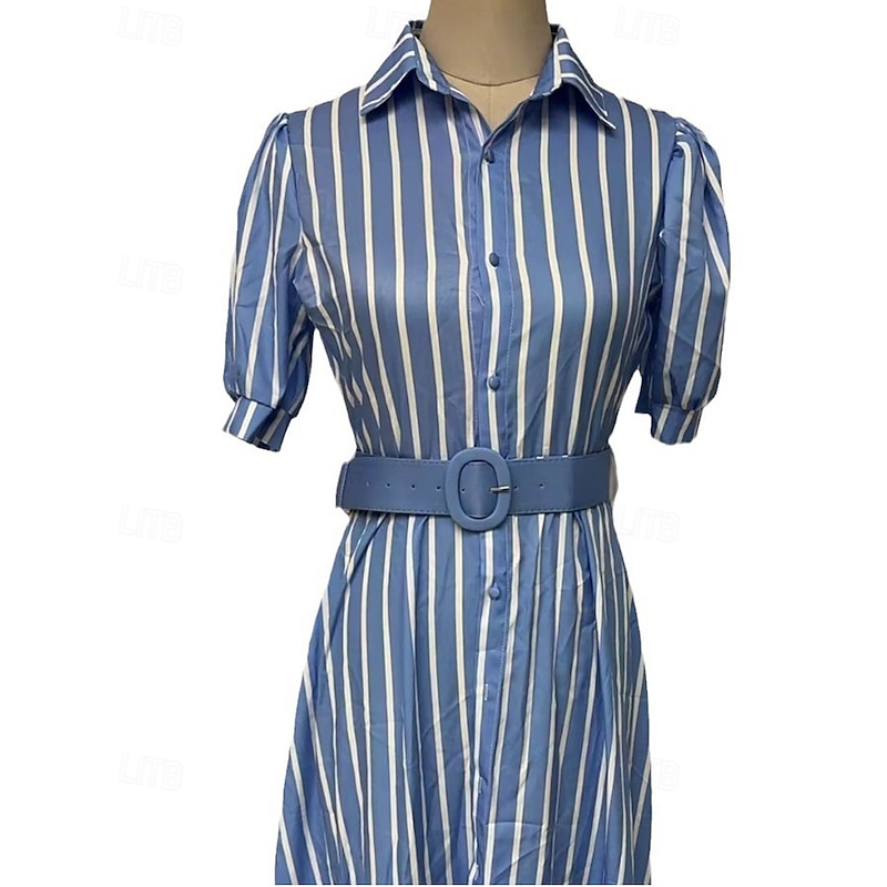 Women's Long Dress Maxi Dress Shirt Dress Casual Dress Summer Dress Stylish Casual Vacation Daily Date Regular Fit Stripe Short Sleeve Lapel White Blue Summer Spring3