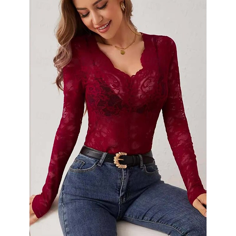 Women's Lace Splicing Top Sexy Long Sleeve V Neck Regular Tops Lace claret White Summer Spring4
