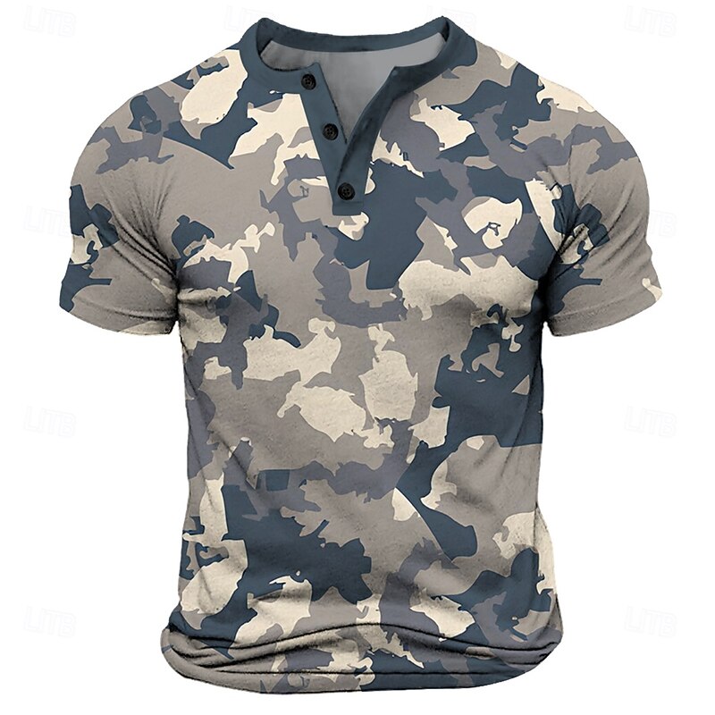 Men's Camouflage T Shirt Henley Shirt Short Sleeve Designer Retro Vintage Street Casual Daily Summer Spring Blue Henley Henley T-Shirt