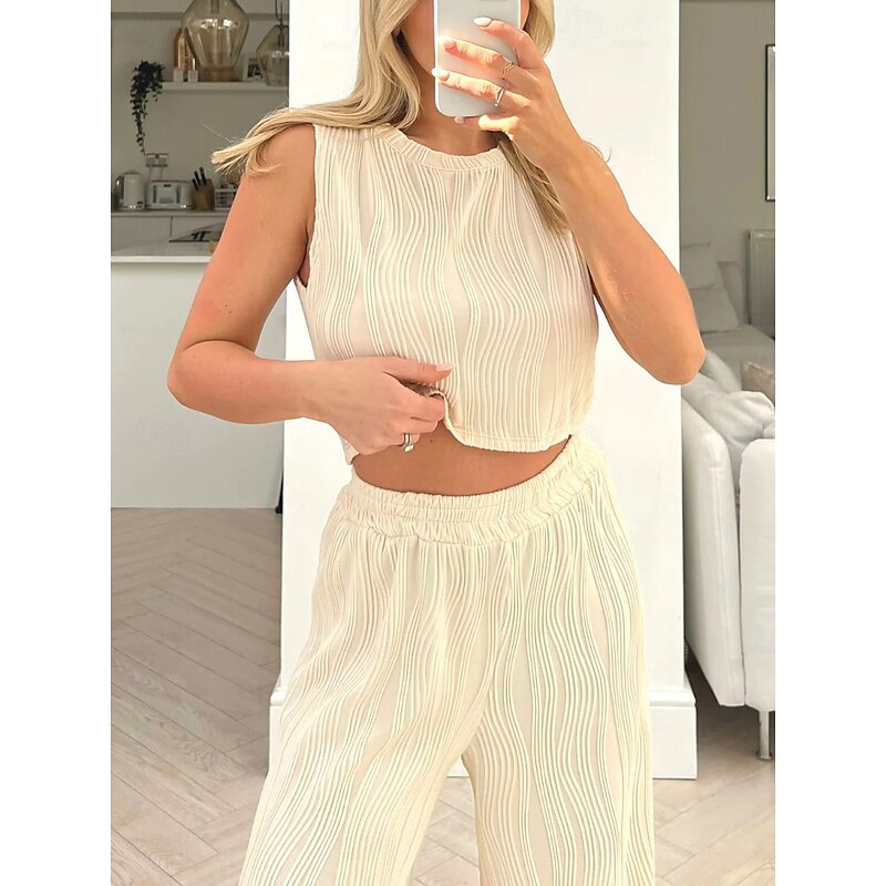 Women's Daily Tank Top Wide Leg Pants Sleeveless Crew Neck Casual Daily Green Beige Summer Regular Fit2