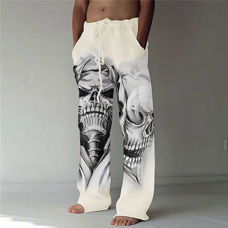 Men's Skull Graphic Prints Linen Pants Trousers Baggy Pants Mid Waist Fashion Big and Tall Casual Daily Elastic Drawstring Design Front Pocket Straight Leg Spring & Summer 3D Print White Green Khaki