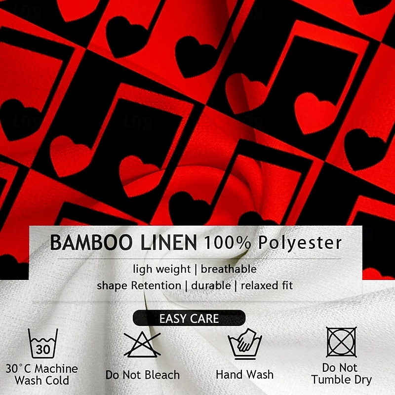 Valentine's Day Men's Heart Musical Notes Shirt Button Up Shirt Short Sleeve Fashion Casual Vacation Gift Holiday Summer Fall Turndown 3D Print Red3