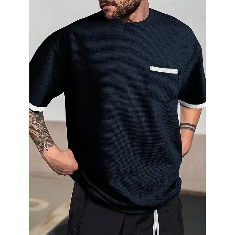 Men's Waffle Knit Tee Tee Top Short Sleeve Crew Neck Summer Color Block Fashion Designer Comfortable Front Pocket Outdoor Casual Daily Black White Brown Top Tee for Men2