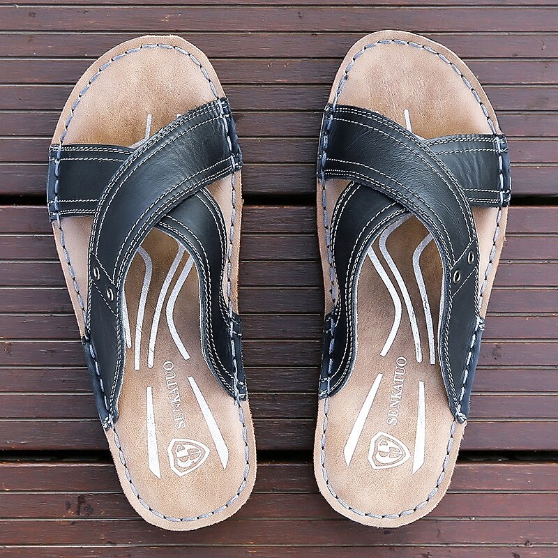 Men's Brown Faux Leather Cross Strap Sandals – Comfortable Slip-On Beach Slides with Non-Slip Sole for Summer Casual and Outdoor Wear3
