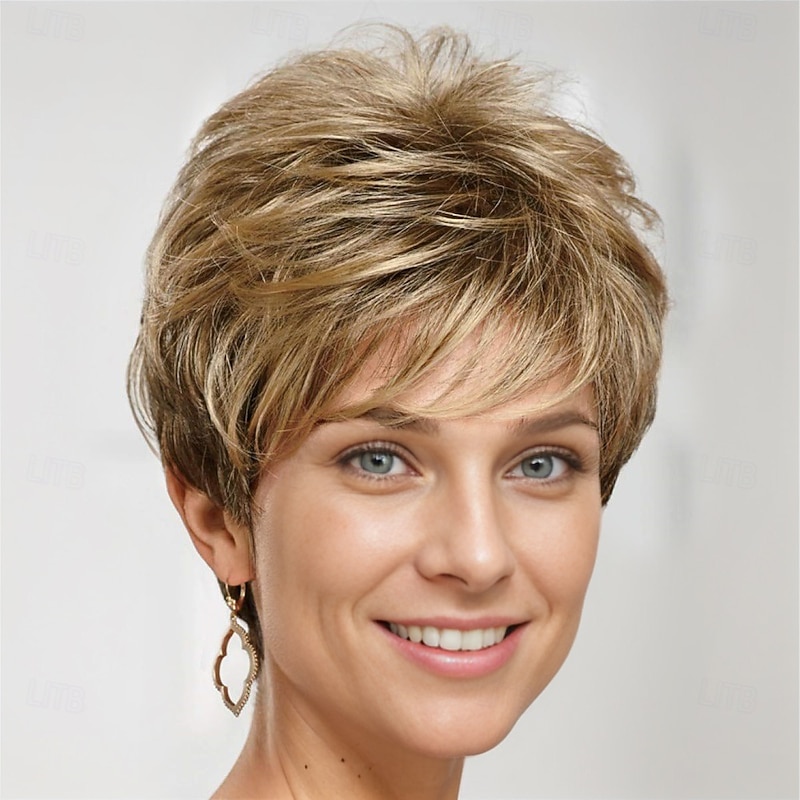 Short Pixie Wig with Richly Texturized Piecey Layers and Wispy Side-Swept Bangs / Multi-tonal Shades of Blonde and Brown3