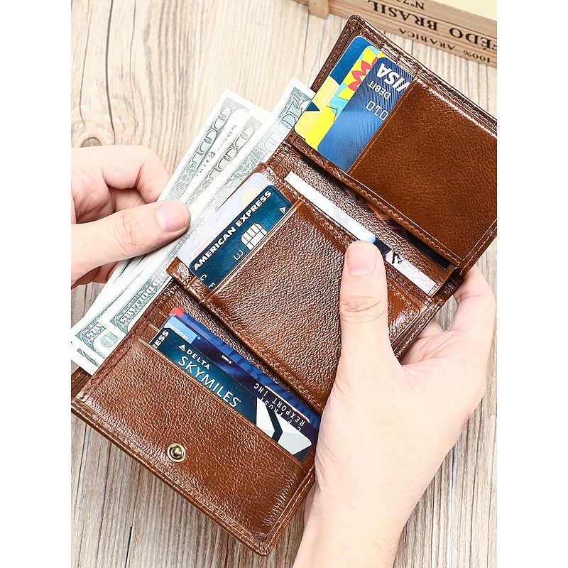 RFID Blocking Genuine Leather Wallet for Men – Trifold Design with Card Slots, ID Window, and Cash Compartment, Stylish and Secure for Everyday Use or Gifts Dark Brown Black Brown3