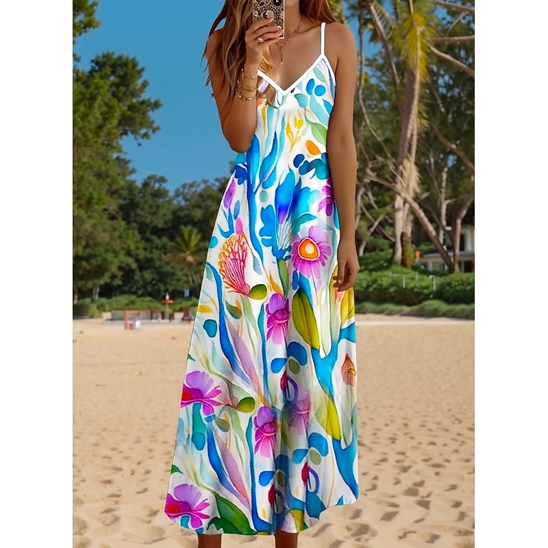 Women's Maxi Dress Casual Dress  Sundress A Line Dress Casual Flowy Vacation Casual Daily Regular Fit Floral Leaf Sleeveless V Neck Blue Summer Spring Fall