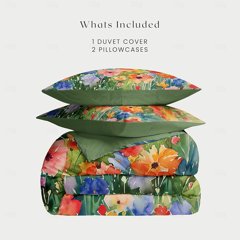 100% Cotton Colorful Ink Flower 3-Piece Duvet Set for Hotel Bedroom Guest Room Hotel Bedding Comfy Set 1 Duvet Cover 2 Pillowcases Bed Set3
