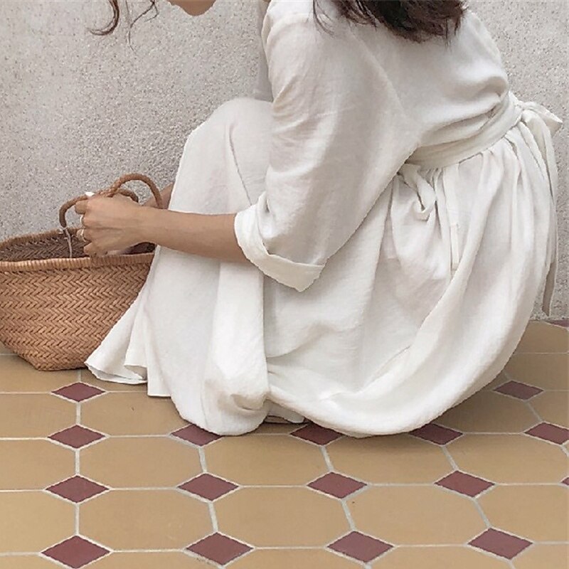 Women's Long Dress Maxi Dress Linen-Inspired Dresses White Dress Casual Dress Stylish Casual Vacation Daily Date Regular Fit Plain Long Sleeve V Neck Black White Summer Spring4