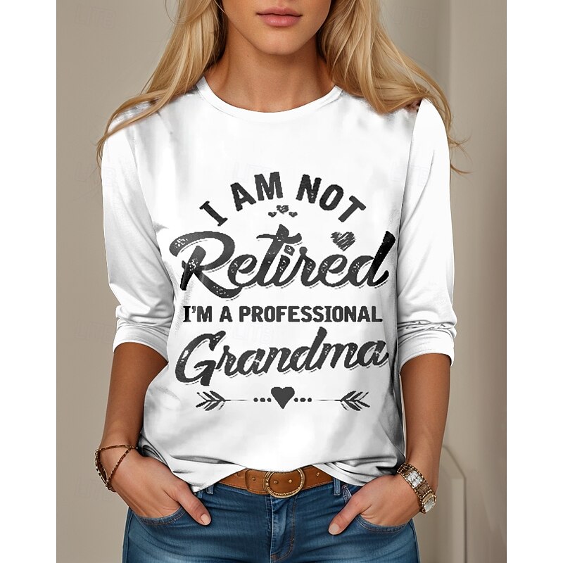 Women's T shirt Long Sleeve Letter Casual Long Sleeve Round Neck Regular Tops Daily Weekend Print Black White Fall Winter Prefall2