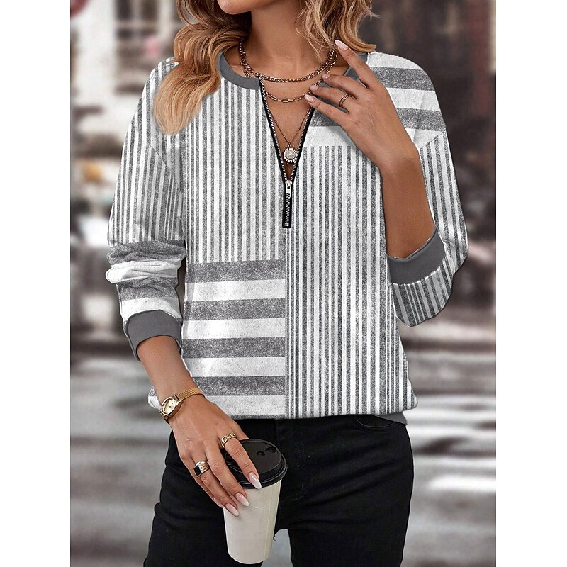 Women's Quarter Zipper Sweater Geometric Striped Casual Long Sleeve Crew Neck Regular Tops Street Dailywear Print Gray Fall Winter