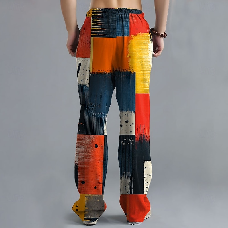 Men's Color Block Patchwork Trousers Casual Pants Drawstring Elastic Waist Hawaiian Casual Vintage Retro Outdoor Vacation Holiday Side Pockets Straight Leg Trousers Summer Spring Fall 3D Print Yellow2