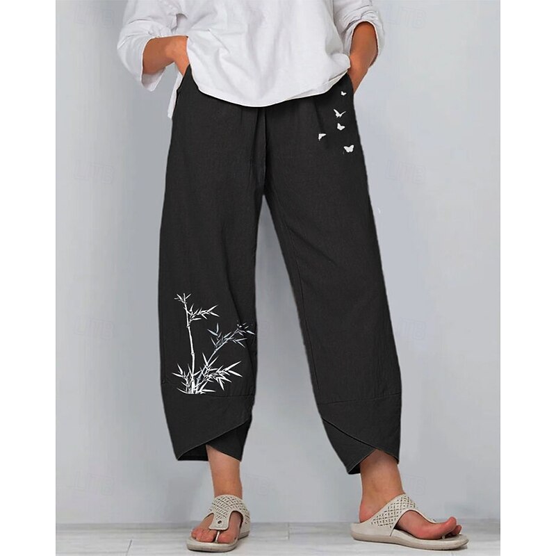 Women's Cotton Linen Pants Pants Trousers Lightweight Casual Ankle-Length Low Rise Graphic Prints Pocket Breathability Comfortable Inelastic Casual Daily Weekend Navy Black ash-colored Summer Spring2